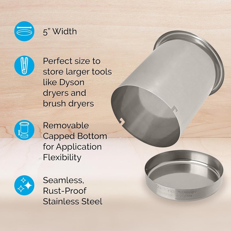 Docking Drawer 5" Stainless Steel Canister for Hot Tools, Capped Design, Safely Stow Styling Tools - Image 2